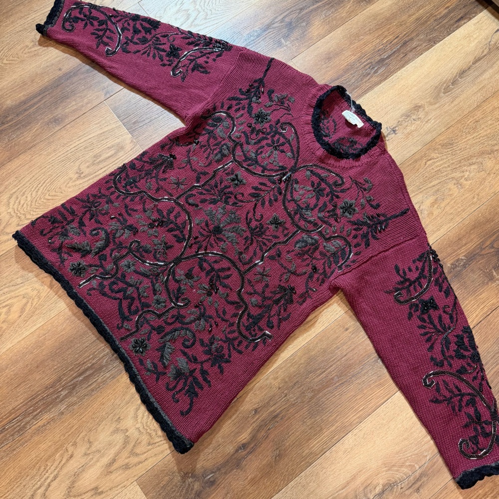 Vintage Y2K Beaded Sweater Vintage Embroidered Sweater Burgundy Floral Knit Top